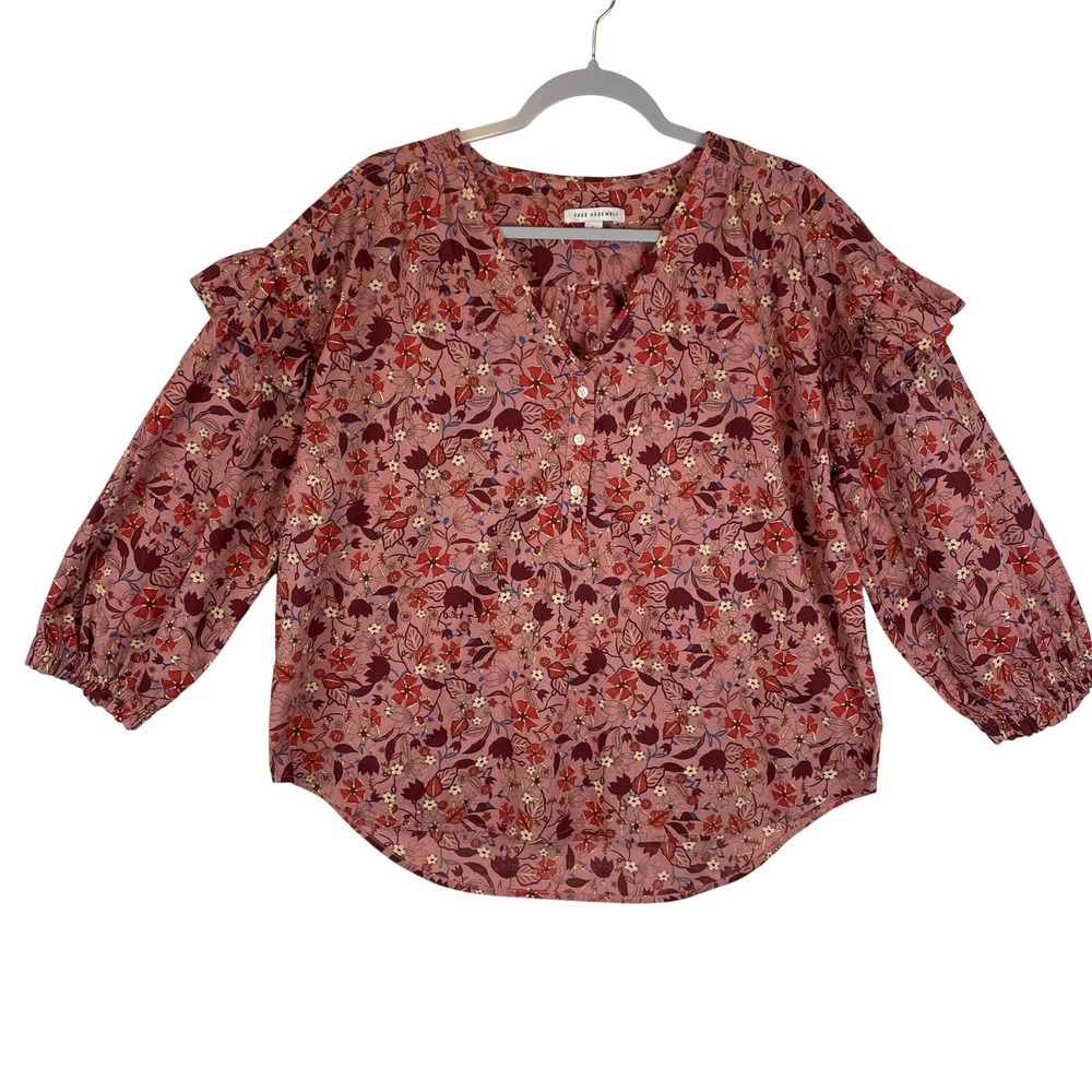 Free Assembly Womens Floral Ruffle Shoulder Button V-Neck Cotton Blouse Pink L